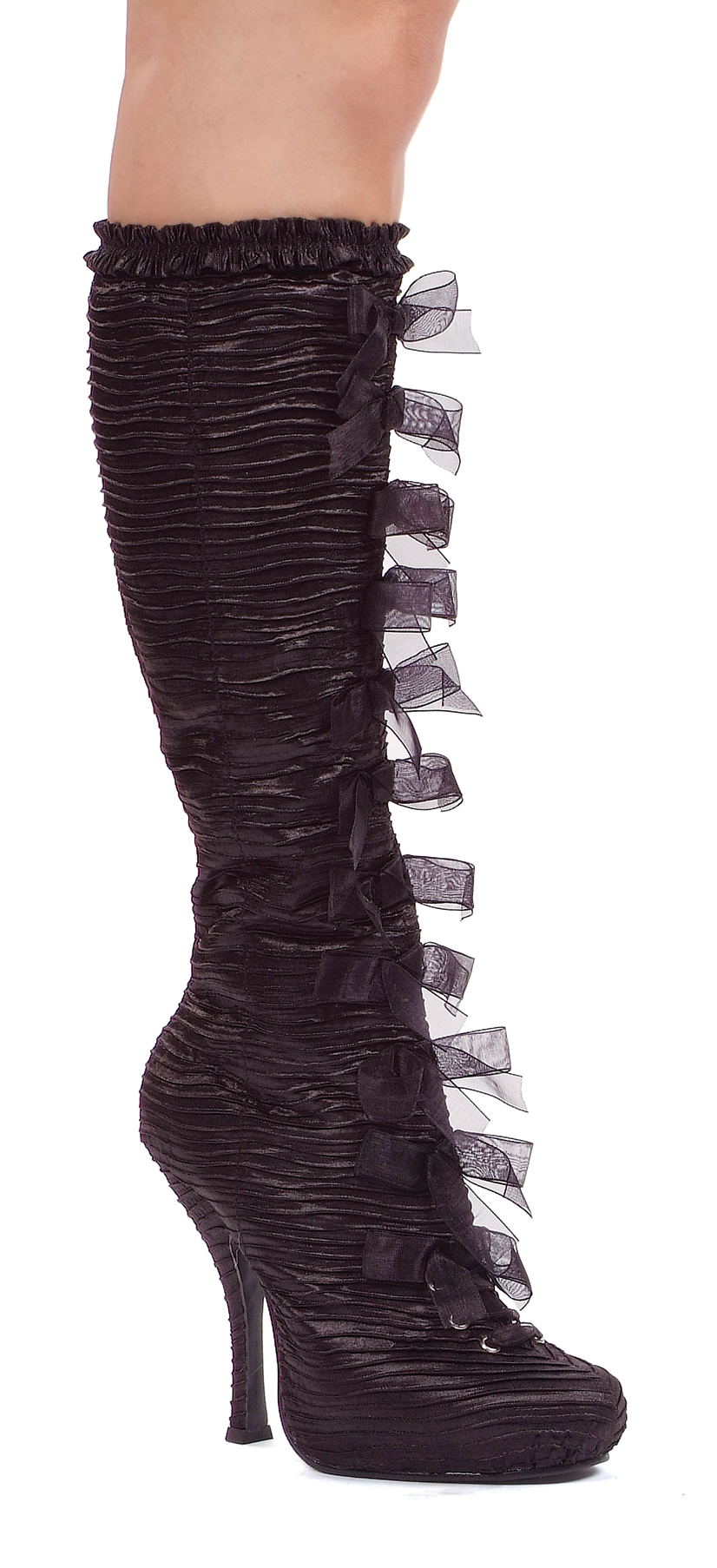 Tabatha - 4 Inch Heel Satin Knee Boots with Bows